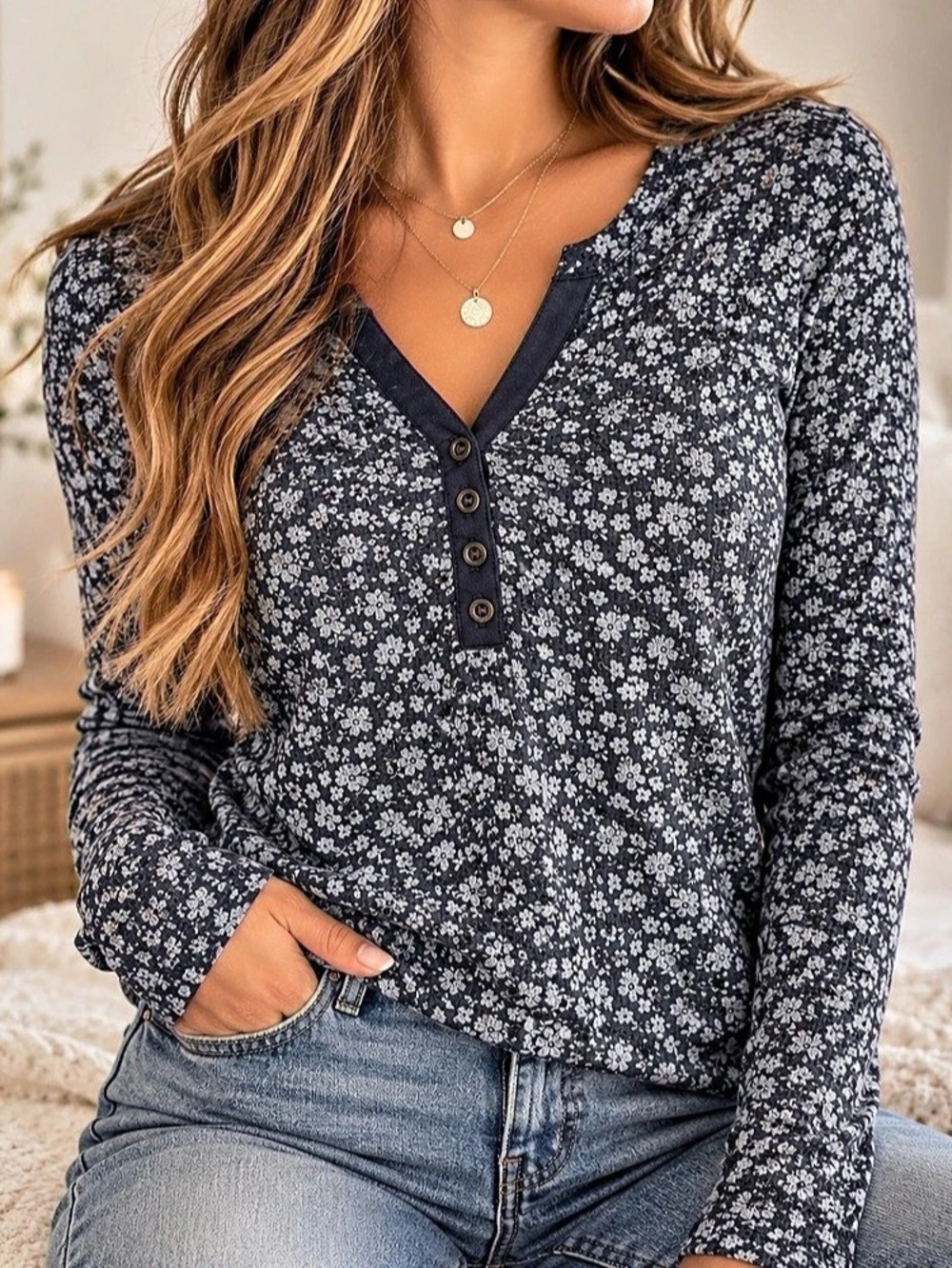 Small | Lucky Brand | Navy Floral Long Sleeve Henley Top